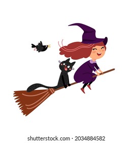 Cute witch and little black cat flying on a broom. Funny cartoon girl in Halloween costume magic hat, boots, with kitten. Happy Halloween. Hand drawn vector illustration isolated on white. Flat design