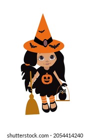 Cute witch little girl icon with broom and owl, for stickers, notebooks, t-shirts. Happy Halloween background vector. 