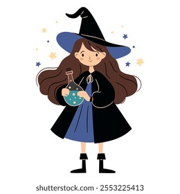 Cute witch with long hair holding a test tube with potion. Flat vector illustration in simple child style on white background