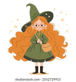 Cute witch with long red hair standing and smiling sweetly. Flat vector illustration in simple childish style on white background 
