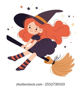 Cute witch with long red hair flying on a broomstick. Flat vector illustration in simple childish style on white background 
