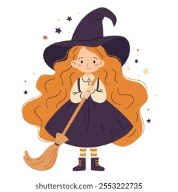 Cute witch with long red hair standing and smiling sweetly. Flat vector illustration in simple childish style on white background 