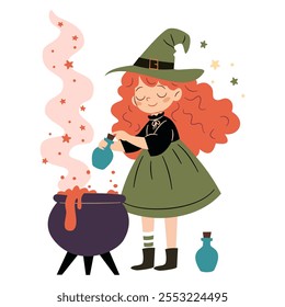 Cute witch with long red hair cooking potion in cauldron. Flat vector illustration in simple children's style on white background 