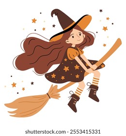 Cute witch with long red hair flying on a broomstick. Flat vector illustration in simple childish style on white background 