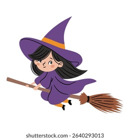 Cute witch with long red hair flying on a broomstick. Flat vector illustration in simple childish style on white background 