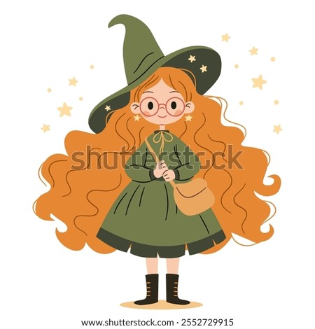 Cute witch with long red hair standing and smiling sweetly. Flat vector illustration in simple childish style on white background 
