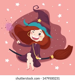 cute witch with a magic stick Halloween background in purple dress ride a bloom, flat vector character