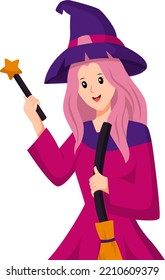 Cute Witch with Magic Wand Character Design Illustration