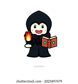 Cute witch magician cast fire spell cartoon icon illustration. Design isolated flat cartoon style