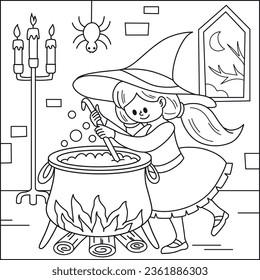 Cute witch making magic poison Halloween colouring page for kid vector image