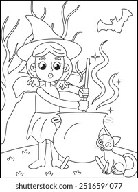 Cute witch making magic poison with cat Halloween coloring  page for kid vector  kids coloring page