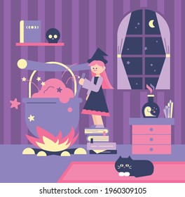 A cute witch is making a potion in a huge pot. flat design style minimal vector illustration.