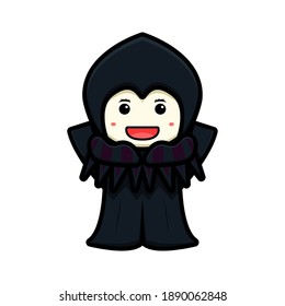 Cute witch mascot character with happy face and rise hands cartoon vector icon illustration. Design isolated on white. Flat cartoon style.