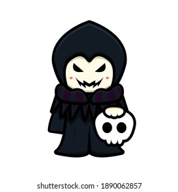 cute witch mascot character holding skull cartoon vector icon illustration. Design isolated on white. Flat cartoon style.