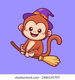 Cute Witch Monkey Flying With Magic Broom Cartoon Vector Icon Illustration. Animal Holiday Icon Concept Isolated Premium Vector. Flat Cartoon Style