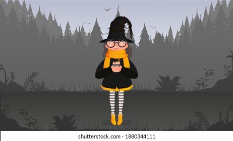 A cute witch with mulled wine is standing in the forest. Girl in black suit and hat holding a cup with hot drink. Halloween concept. Vector.