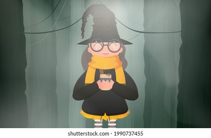 A cute witch with mulled wine is standing in the forest. Girl in black suit and hat holding a cup with hot drink. Halloween concept. Vector.