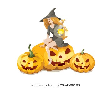 Cute witch on a big pumpkin. Vector illustration in watercolor painting style. Background for Halloween party with Jack O’Lantern.	