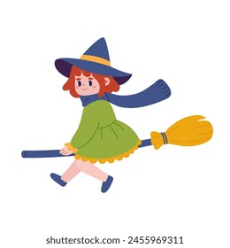 Cute witch on a broom in kawaii style. Vector flat illustration.