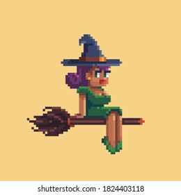 Cute witch on a broom. Pixel art style. Vector illustration