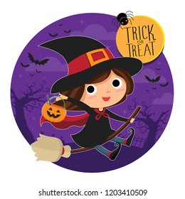 Cute Witch On Broom Vector Cartoon Illustration