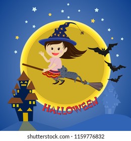 Cute witch on broom with yellow full moon background.