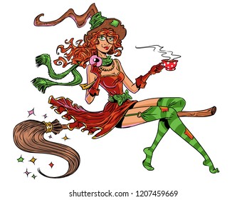 Cute witch on a broomstick