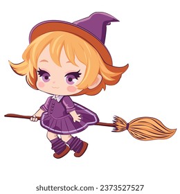 A cute witch on a broomstick in a cartoon game style.