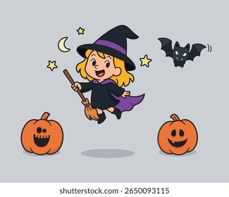 Cute Witch on Broomstick, Halloween Pumpkins and Bat, Cartoon Magic Illustration