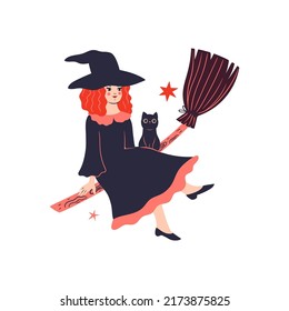 Cute witch on a broomstick isolated on white background. Vector graphics.