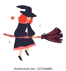 Cute witch on a broomstick isolated on white background. Vector graphics.