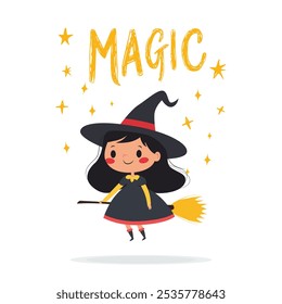 Cute Witch on a Broomstick with Magic Stars for Halloween-themed designs, children s books, and whimsical illustrations.