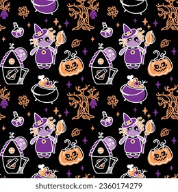 Cute witch on Halloween night. Happy Halloween. Children's print. Seamless pattern.