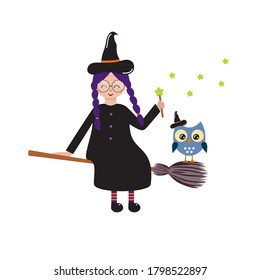 Cute witch and owl fly on a broom and conjure. Children's flat vector cartoon illustration for the Halloween holiday. Festival of witches, vampires and werewolves.