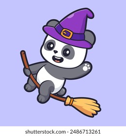 Cute Witch Panda Flying With Magic Broom Cartoon Vector Icon Illustration. Animal Holiday Icon Concept Isolated Premium Vector. Flat Cartoon Style