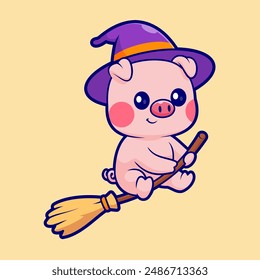 Cute Witch Pig Flying With Magic Broom Cartoon Vector Icon Illustration. Animal Holiday Icon Concept Isolated Premium Vector. Flat Cartoon Style