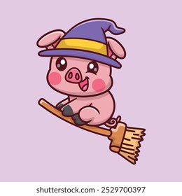 Cute Witch Pig Flying With Magic Broom Cartoon Vector Icon Illustration. Animal Holiday Icon Concept Isolated Premium Vector. Holidays Cartoon Style