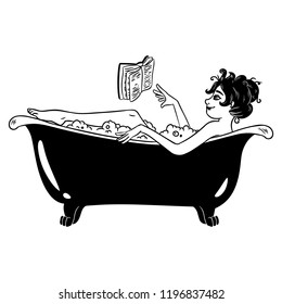 Cute witch in pin-up style takes a bath. Witch isolated on white background. Beautiful character for Halloween in cartoon style. Vector illustration.