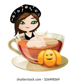 Cute witch in pin-up style takes a bath. Witch isolated on white background. Beautiful character for Halloween in cartoon style. Vector illustration.