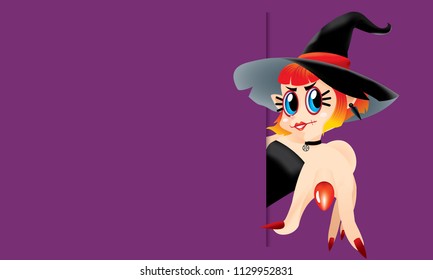 A cute witch pointing at you, with a blank space. Isolated.