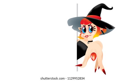 A cute witch pointing at you, with a blank space. Isolated.