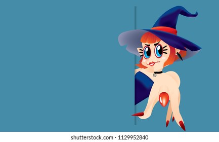 A cute witch pointing at you, with a blank space. Isolated.