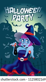 A cute witch pointing at you, with a magic wand. With spooky background.