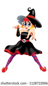 A cute witch pointing at you, with a magic wand. Isolated.