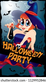 A cute witch pointing at you, with a magic wand. With spooky background.
