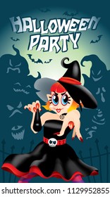 A cute witch pointing at you, with a magic wand. With spooky background.
