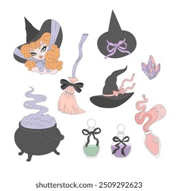 Cute Witch portrait Hat Broom Cauldron vector clip-art set isolated on white. Coquette Halloween illustration.