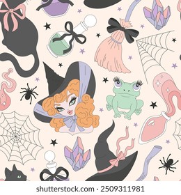 Cute Witch portrait Hat Broom Black cat Cobweb vector seamless pattern. Coquette Halloween background.