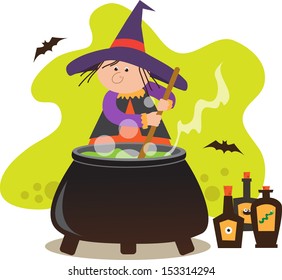 Cute Witch With Pot - Cute witch mixing potion in a pot. Eps10