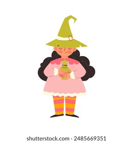 Cute witch with potion. Childrens magic elements